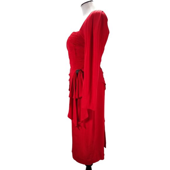 Vintage 90s Red Fitted Midi Cocktail Dress Size S Draped Open Back Square Neck - Picture 5 of 16